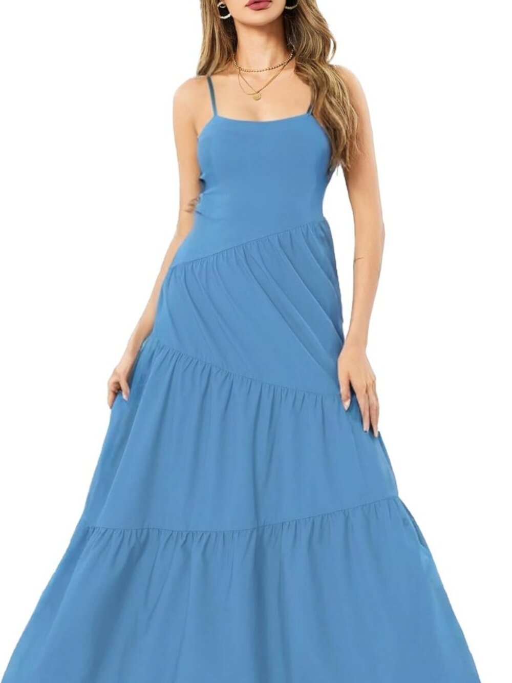 Women's Summer Flowy Tiered Maxi Dress Elegant Spaghetti Strap